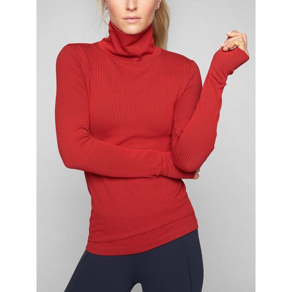 Athleta Flurry Striped Long Sleeve Thumbhole Turtleneck Base Layer Top Red XS - Picture 1 of 7